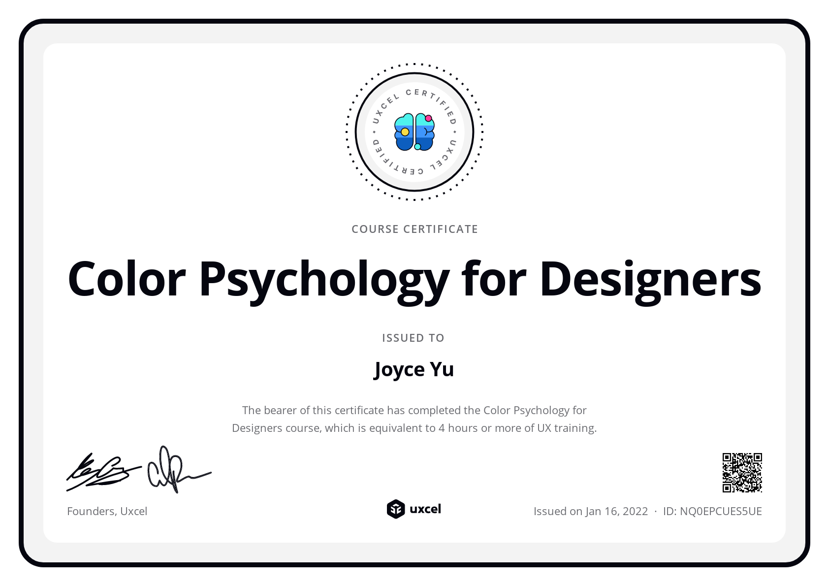 Joyce Yu's certificate